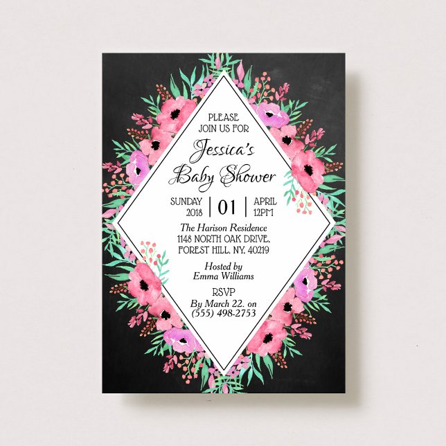 Trendy Chalkboard Watercolor Flowers Baby Shower Invitation (Creator Uploaded)