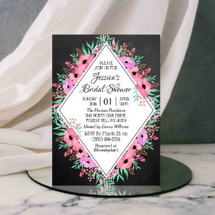 Trendy Chalkboard Watercolor Flowers Bridal Shower Invitation