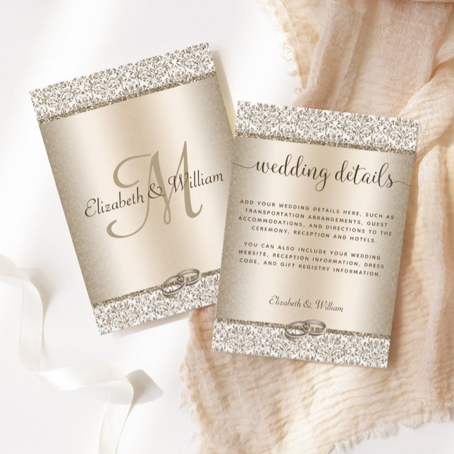 Trendy Champagne Glitter Damask Wedding Details Enclosure Card (Creator Uploaded)