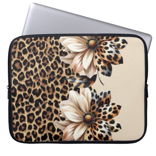 Trendy Cheetah Pattern with 3D Flower Graphic Lapt Laptop Sleeve (Front)