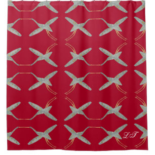 Trendy Cherry Red Modern Chic Crane birds Shower Curtain