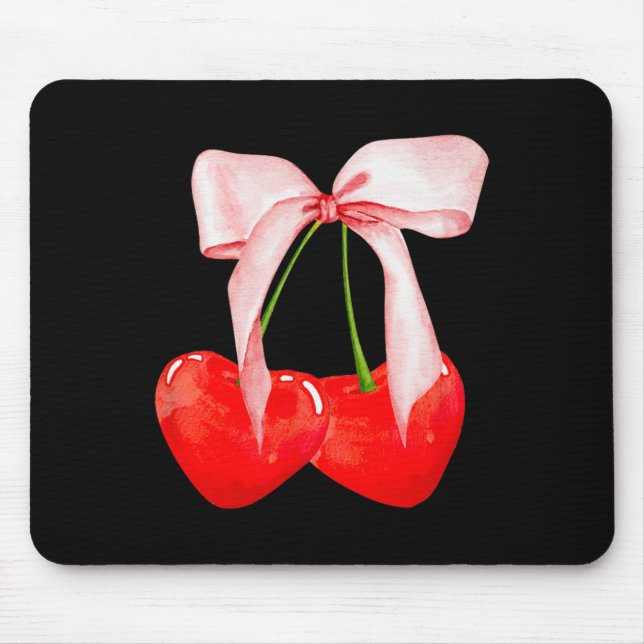 Trendy Cherry Soft Girl Era Pink Bow Ribbon Valent Mouse Pad (Front)