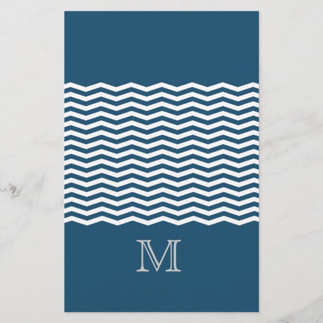 Trendy chevron blue monogram stationery (Front)