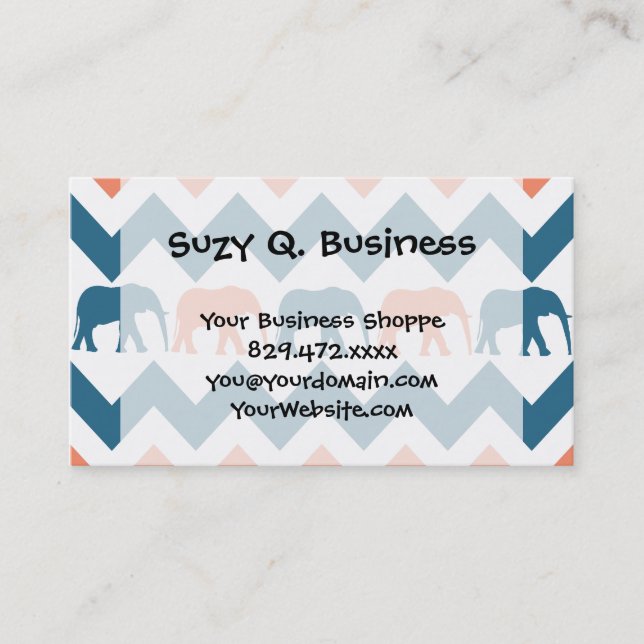 Trendy Chevron Elephants Coral Blue Stripe Pattern Business Card (Front)