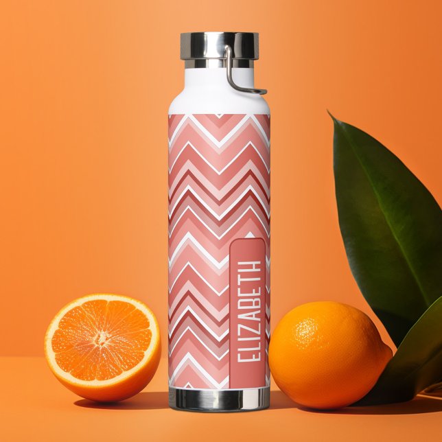 Trendy Chevron Pattern large name block coral Water Bottle (Personalized water bottle with custom text - chevrons)