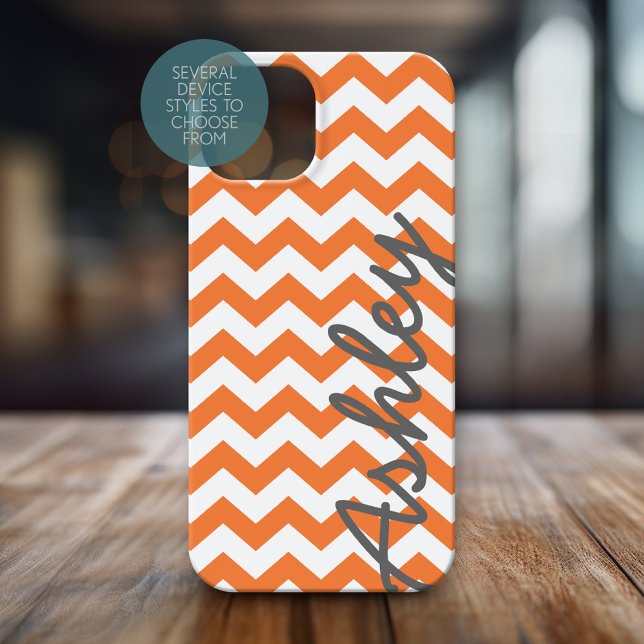 Trendy Chevron Pattern with name - orange grey (Personalized Phone Case with Chevrons and Custom Name)