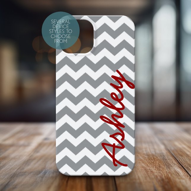 Trendy Chevron Pattern with name - red grey Case-Mate iPhone Case (Personalized Phone Case with Chevrons and Custom Name)