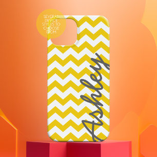 Trendy Chevron Pattern with name - yellow grey iPhone 15 Case