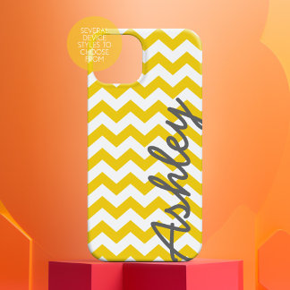 Trendy Chevron Pattern with name - yellow grey iPhone 15 Case