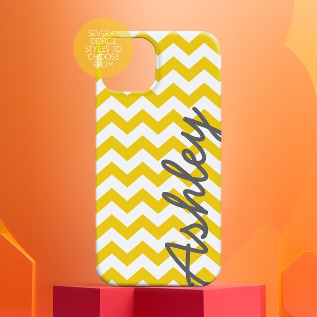 Trendy Chevron Pattern with name - yellow grey Case-Mate iPhone Case (Personalized Phone Case with Yellow Chevrons and Large Script Name on the Side)