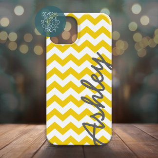 Trendy Chevron Pattern with name - yellow grey iPhone 13 Pro Case