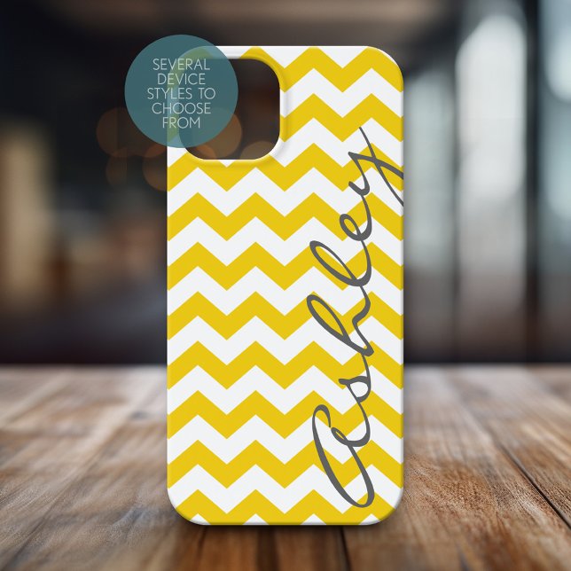 Trendy Chevron Pattern with name - yellow grey Case-Mate iPhone Case (Personalized Phone Case with Chevrons and Custom Name)