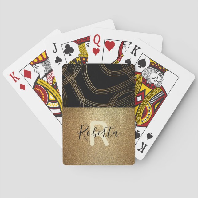 Trendy Chic Black And Bronze Glitter Glam Custom Playing Cards (Back)
