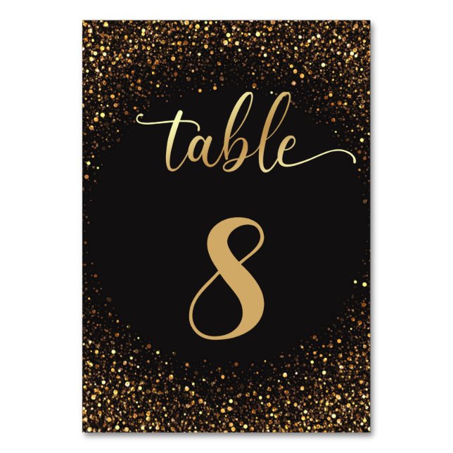 trendy chic black and gold glitters wedding table number (Front)