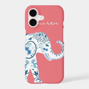 Trendy Chic Blue Bohemian Lotus Elephant & Name