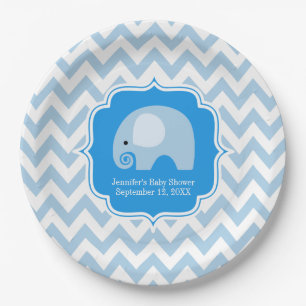 Trendy Chic Blue Elephant Baby Boy Shower Chevron Paper Plate