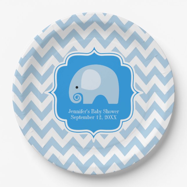 Trendy Chic Blue Elephant Baby Boy Shower Chevron Paper Plate (Front)