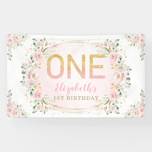 Trendy Chic Blush Gold Pink Floral 1st Birthday Banner