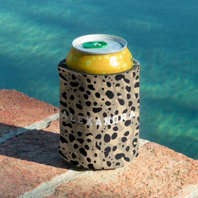 Trendy Chic Brown Beige Leopard Spots Pattern Name Can Cooler (In Situ Pool)