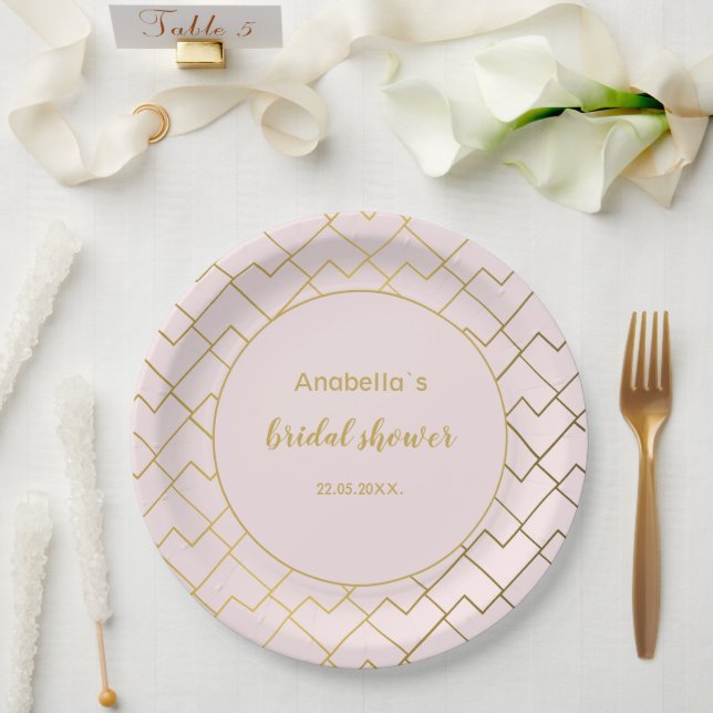 Trendy Chic Geometric Golden Blush Pink Paper Plate (Wedding)