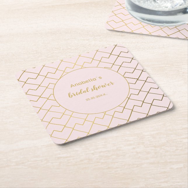 Trendy Chic Geometric Golden Blush Pink Square Paper Coaster (Angled)