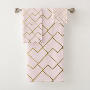 Trendy Chic Geometric Golden Blush Tiles Pattern Bath Towel Set