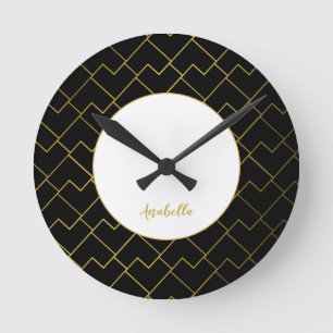 Trendy Chic Geometric Golden Blush Tiles Pattern Round Clock