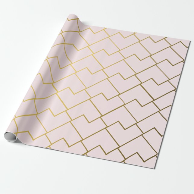 Trendy Chic Geometric Golden Blush Tiles Wrapping Paper (Unrolled)