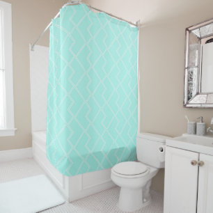 Trendy Chic Geometric Turquoise White Tiles Shower Curtain