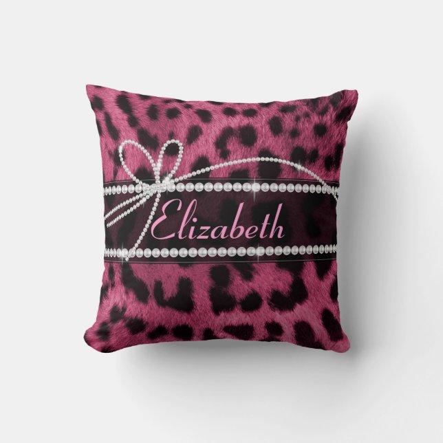 Trendy chic girly faux hot pink leopard animal fur cushion (Front)