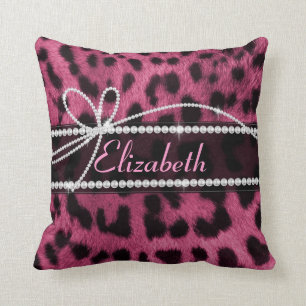 Trendy chic girly faux hot pink leopard animal fur cushion
