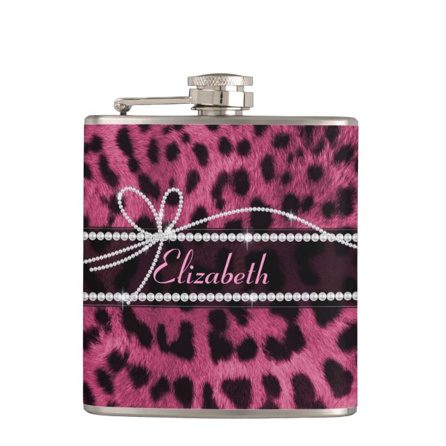 Trendy chic girly faux hot pink leopard animal fur hip flask (Front)