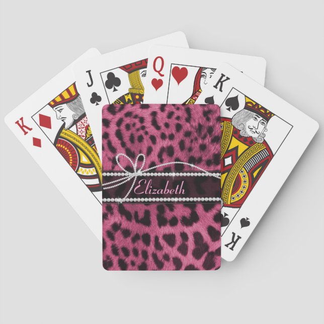 Trendy chic girly faux hot pink leopard animal fur playing cards (Back)