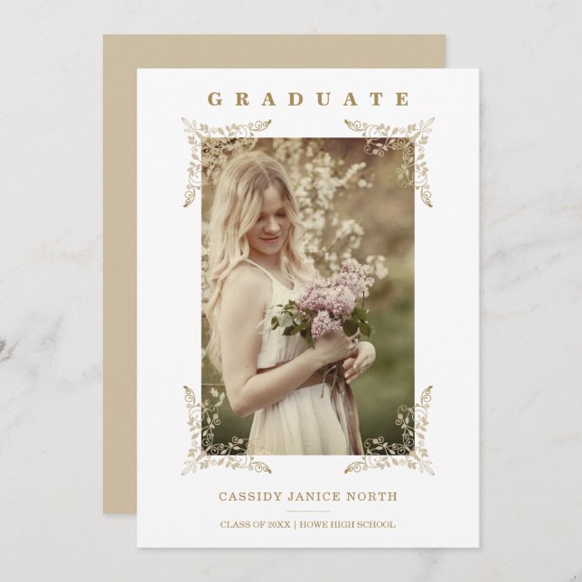 Trendy Chic Golden Lace Romantic Graduate Photo  Invitation (Front/Back)
