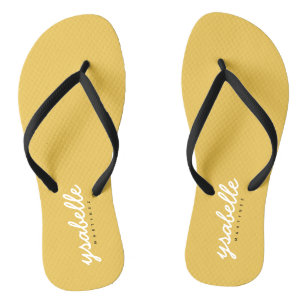 Trendy Chic Mustard Yellow Simple Bold Script Name Thongs