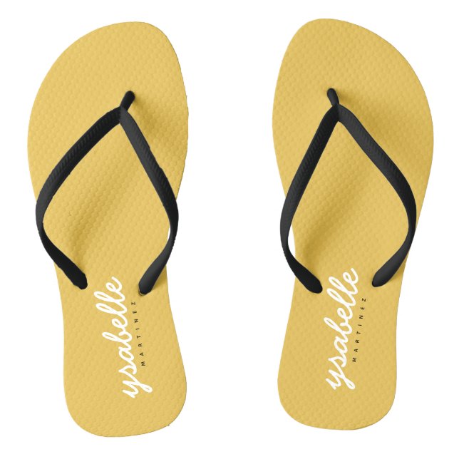 Trendy Chic Mustard Yellow Simple Bold Script Name Thongs (Footbed)