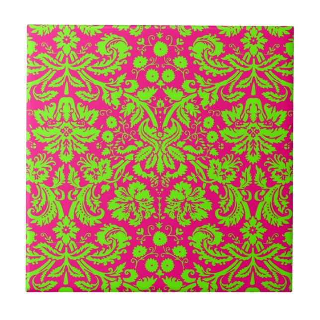 Trendy Chic Neon Damask Green on Pink Tile (Front)