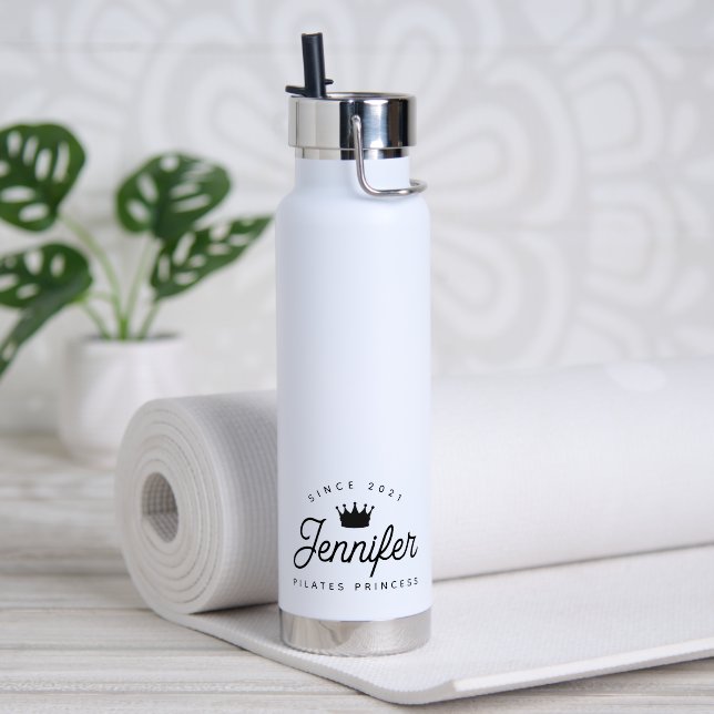 Trendy Chic Pilates Princess Black Typography Water Bottle (Yoga (Rotated))