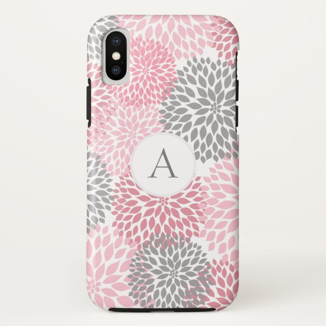 Trendy chic pink grey floral blooms with monogram Case-Mate iPhone case (Back)