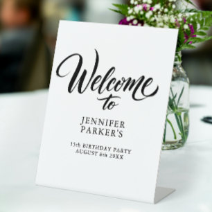 Trendy Chic Quinceanera Black Ink Calligraphy  Pedestal Sign