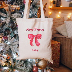Trendy Chic Red Bow   Merry Christmas Tote Bag