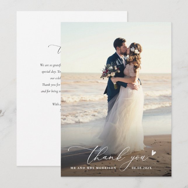 trendy chic script photo wedding thank you  card (Front/Back)