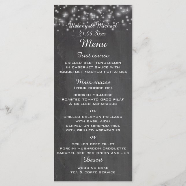Trendy chic sparkles chalkboard wedding menu (Front)