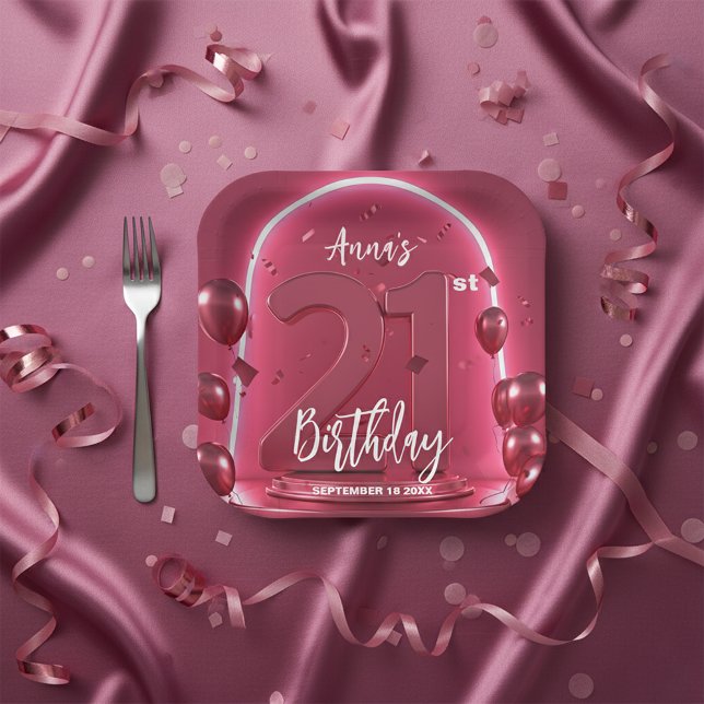 Trendy Chic Vibrant Hot Pink Neon 21st Birthday Paper Plate (Creator Uploaded)