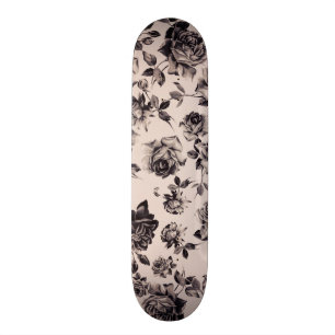 Trendy Chic White & Black Vintage Elegant Floral Skateboard