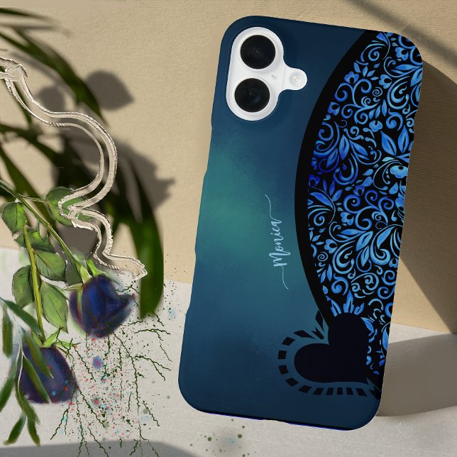 Trendy Chick Floral Blue Gradient Heart  iPhone Case (Trendy Chick Floral Blue Gradient Heart iPhone Case)