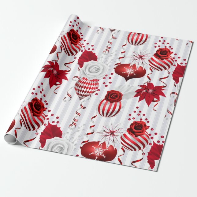 Trendy Christmas Balls and Poinsettia Wrapping Paper (Unrolled)
