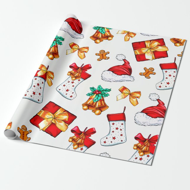 Trendy Christmas Elements Pattern Wrapping Paper (Unrolled)