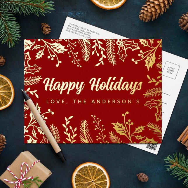 Trendy Christmas Foliage Real Foil Holiday Postcard (Creator Uploaded)