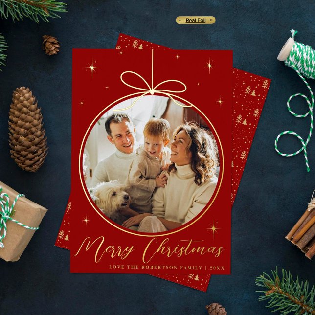 Trendy Christmas Ornament Photo Frame Real Foil Holiday Card (Creator Uploaded)